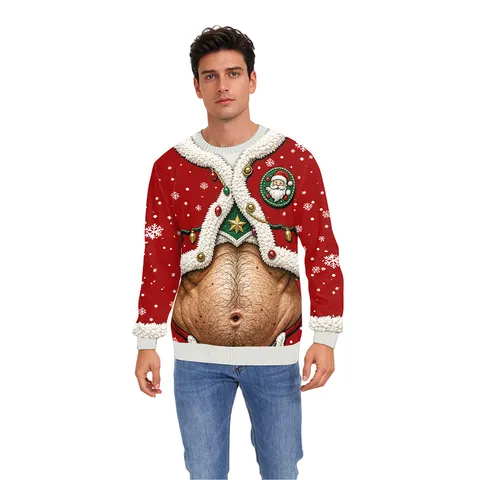 Men Polyester 3D Printed Christmas Santa Claus Faux Ugly Sweater Crew Neck Long Sleeve Pullover Sweatshirt Festive Top