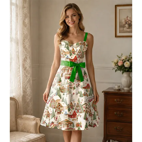 Élégant Vintage Noël Halter Bretelles Robe Midi Femme Imprimé Nœud Papillon Taille Haute Ligne A Robe Pour Fête