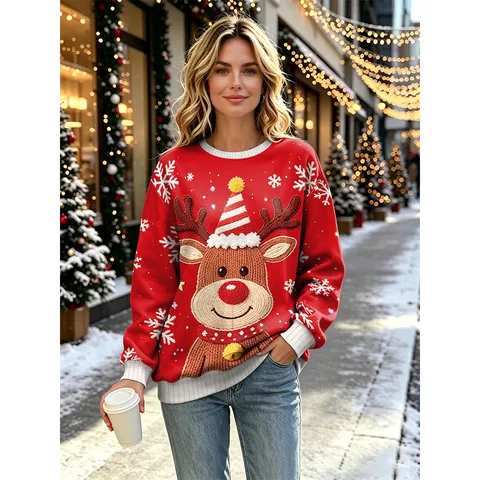 Women's Christmas Faux Sweater Graphic Sweatshirt Gingerbread Man Reindeer Digital Printed Polyester Long Sleeve Top