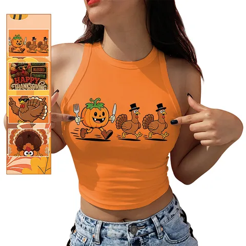 Canotta da Donna con Stampa a Tema Ringraziamento Zucca Tacchino Scollo all'Americana Racerback Arancione Crop Top