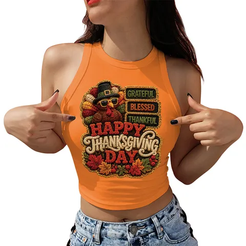 Canotta da Donna con Stampa a Tema Ringraziamento Zucca Tacchino Scollo all'Americana Racerback Arancione Crop Top