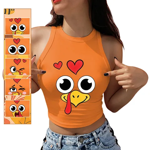 Thanksgiving Cartoon Turkey Printed Tank Top Women Y2K Aesthetic Crop Top Streetwear Sleeveless Ribbed Knit Halter Vest