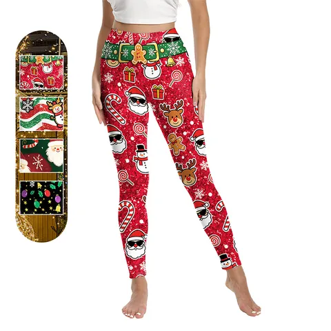 Women Christmas Printed Leggings Bottom High Waist Slimming Athletic Yoga Pants Holiday Santa Claus Snowman Reindeer Printed Tights