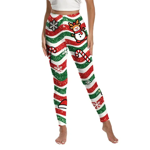 Women Christmas Printed Leggings Bottom High Waist Slimming Athletic Yoga Pants Holiday Santa Claus Snowman Reindeer Printed Tights