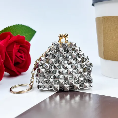 Punk Style Silver Rivet Coin Purse Vintage Kiss-Lock Key Chain Mini Bag Charm Women Fashion Wallet Pendant