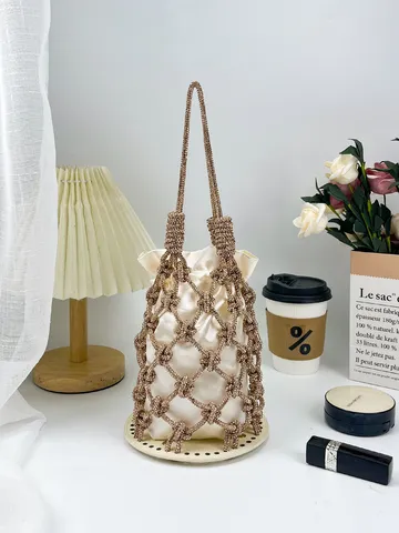 Femmes Strass Filet Sac à Main Luxe Soirée Pochette Tissé Main Creux Seau Sac Or Argent Élégant Fête Bourse