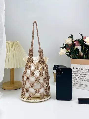 Femmes Strass Filet Sac à Main Luxe Soirée Pochette Tissé Main Creux Seau Sac Or Argent Élégant Fête Bourse
