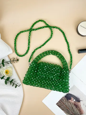 Borsa a Tracolla in Perline di Acrilico Fatto a Mano Donna Moda Tessuto Borsa da Sera Trasparente Verde Argento Nero