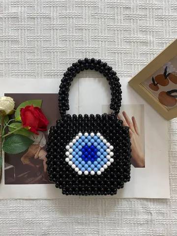 Handmade Beaded Woven Handbag For Women Acrylic Evil Eye Pattern Top Handle Bag Casual Travel Fashion Tote Bag