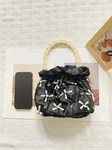 Damen Abendtasche Elegante Satin Eimer Tasche Handgemachte Perlen Perlen Griff Floral Perle Design Top Griff Tasche