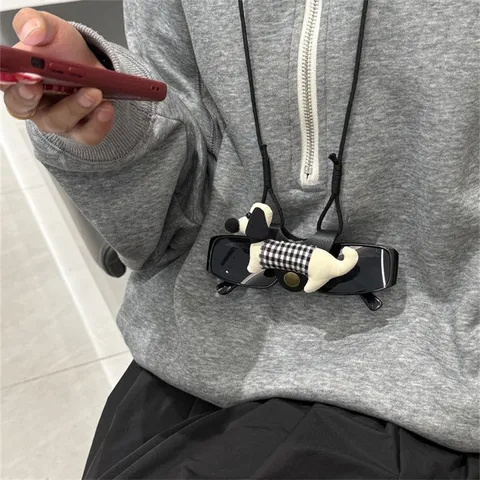 Koreanischer Stil Süßer Welpe Brillenkordel Tragbare Anti-Drop Nacken Hängende Brillenkette Gingham Karo Hund Halskette