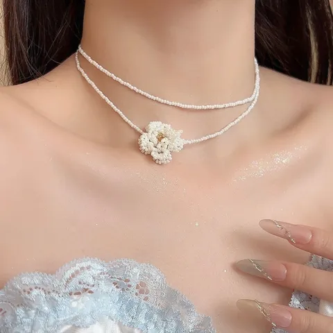 Französische Handgefertigte Perlen Kamelie Halskette Zweilagig Seed Bead Stacking Choker Elegantes Blumenzubehör Für Damen