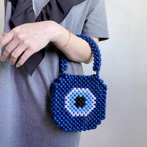 Donne Blu Acrilico Mano Tessuto Perlato Borsa a Mano Malocchio Motivo Manico Superiore Borsa Quotidiano Casual Moda Borsa