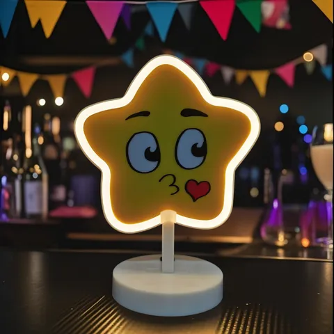 Χαριτωμένο Κινούμενο Σχέδιο Αστέρι LED Neon Επιτραπέζιο Φωτιστικό Με Λευκή Βάση Σταντ Τυπωμένη Χαμογελαστή Έκφραση Φωτεινό Περίγραμμα Φως Κομοδίνου Σπίτι Υπνοδωμάτιο Γραφείο Διακόσμηση Φωτάκι Νυκτός