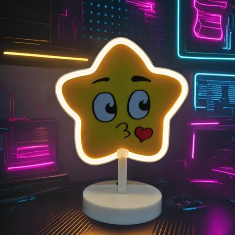 Χαριτωμένο Κινούμενο Σχέδιο Αστέρι LED Neon Επιτραπέζιο Φωτιστικό Με Λευκή Βάση Σταντ Τυπωμένη Χαμογελαστή Έκφραση Φωτεινό Περίγραμμα Φως Κομοδίνου Σπίτι Υπνοδωμάτιο Γραφείο Διακόσμηση Φωτάκι Νυκτός