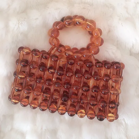 Donna Moda Acrilico Perline Borsa Vintage Ambra Griglia Manico Borsa Elegante Casual Pocetta Per Festa