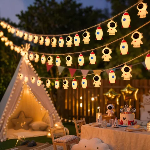 Cute Cartoon Astronaut Rocket LED String Lights Warm Glow Fairy Light For Children Bedroom Birthday Party Decoration Outdoor Garden Solar Powered Garland Lamp
