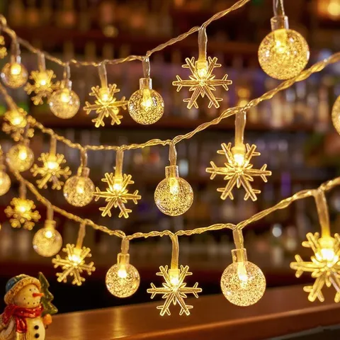 LED Snowflake Bubble Ball String Lights Warm White Fairy Garland For Christmas Holiday Party Wedding Bar Bedroom Decoration Lighting
