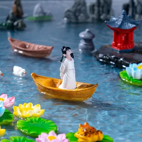 Statuetta di Barca Zattera Rana Foglia di Loto Miniatura Galleggiante in Resina per Acquario Decorazione di Micro Paesaggio Fai da Te