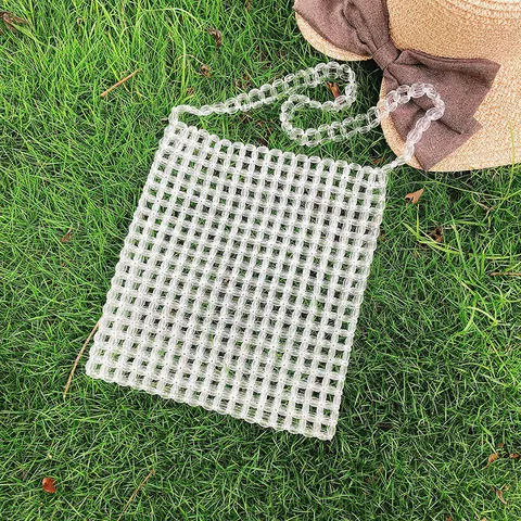 Borsa a Mano in Acrilico Perlinato Quadrato Trasparente Tessuta a Mano Borsa a Tracolla Casual Borsa a Mano con Catena di Perline per Donne