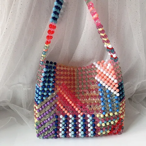 Sac à Main Perlé Multicolore Tissé à Main pour Femmes Sac Cabas Épaule Urbain Minimaliste Mode d'Été Pochette Perles