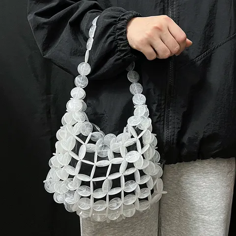 Sac à Main Tissé en Perles Acryliques pour Femmes Sac Cabas Ajusté Style Français Décontracté Sac de Mode Quotidien