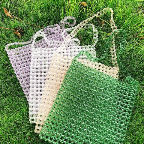 Borsa a Mano in Acrilico Perlinato Quadrato Trasparente Tessuta a Mano Borsa a Tracolla Casual Borsa a Mano con Catena di Perline per Donne