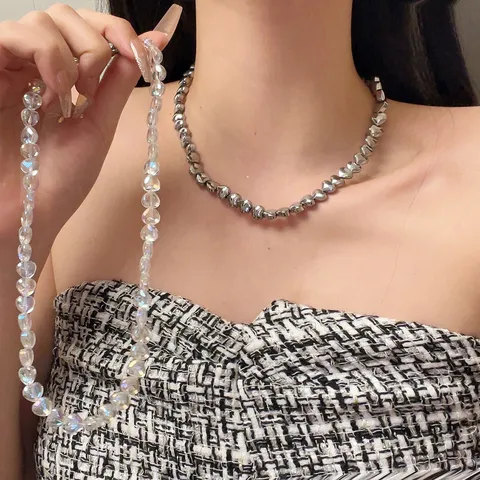 Eenvoudig Ontwerp Transparante Hart Kralenketting Voor Vrouwen Trendy Legering Hart Hanger Sleutelbeenketting Veelzijdige Y2K Sieraden Cadeau