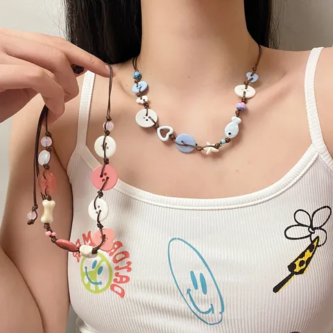 Schattige Hars Acryl Kleurrijke Knop Ster Vis Hanger Handgeweven Choker Halsketting Zoete Dopamine Gelaagde Halsketting Voor Vrouwen Vakantie Sieraden