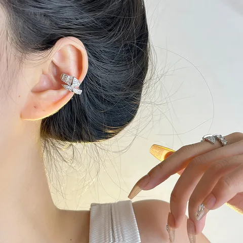 Luxus Silber Farbe Schlange Geformt Strass Ohrknochen Clip Und Verstellbarer Ring Für Damen Nischen Design Schmuck Accessoire
