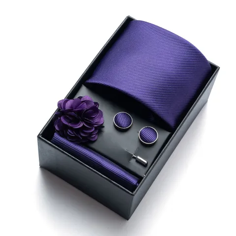 Men's Business Striped Tie Pocket Square Cufflinks Corsage Gift Box Set Jacquard Necktie Business Wedding Party Gift