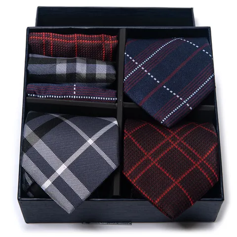Men Business Formal Plaid Jacquard Necktie Set Wedding Groom Groomsman Professional Work Neck Tie Boxed Gift