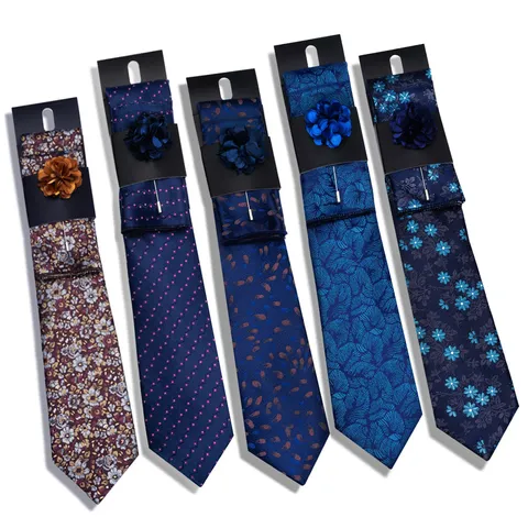 Men Jacquard Woven Necktie Set With Pocket Square Brooch Business Wedding Party Arrow Polyester Silk Neck Tie