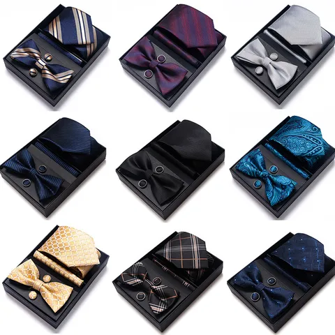 Conjunto de Cuatro Piezas de Corbata A Rayas Pañuelo de Bolsillo Gemelos Pajarita para Hombre de Negocios Caja de Regalo Boda Formal