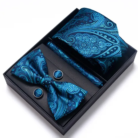 Conjunto de Cuatro Piezas de Corbata A Rayas Pañuelo de Bolsillo Gemelos Pajarita para Hombre de Negocios Caja de Regalo Boda Formal