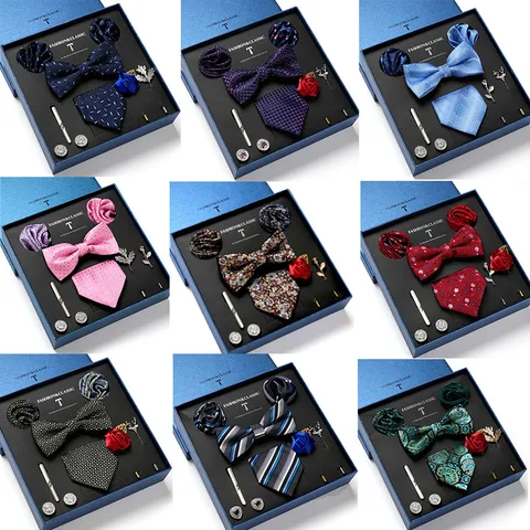 Mannen Zakelijk Huwelijk Formele Stropdas Set Bloemen Jacquard Pijl Stropdas Pochet Manchetknopen Broche Geschenkdoos