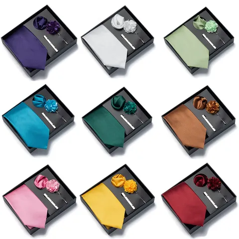 Men Business Casual Solid Color Tie Pocket Square Boutonniere Tie Clip Set Gift Box Wedding Party Necktie