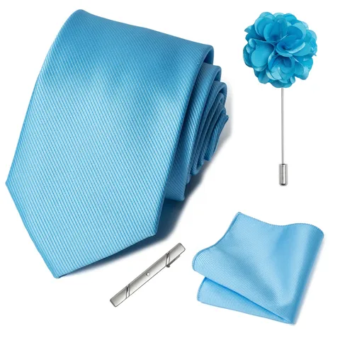 Men Business Casual Solid Color Tie Pocket Square Boutonniere Tie Clip Set Gift Box Wedding Party Necktie