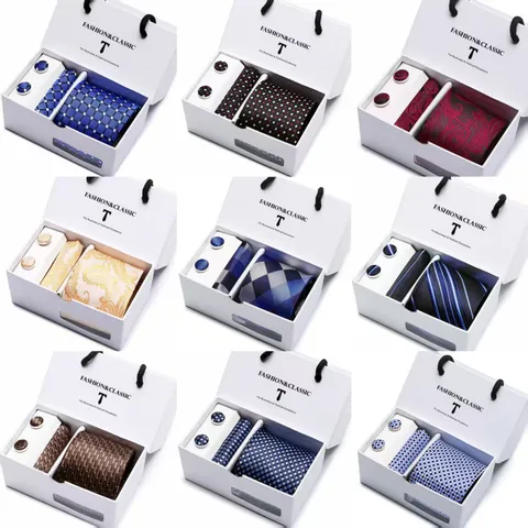 Men Business Wedding Striped Jacquard Tie Boxed Cufflinks And Pocket Square Set Formal Wear Rayon Necktie Gift
