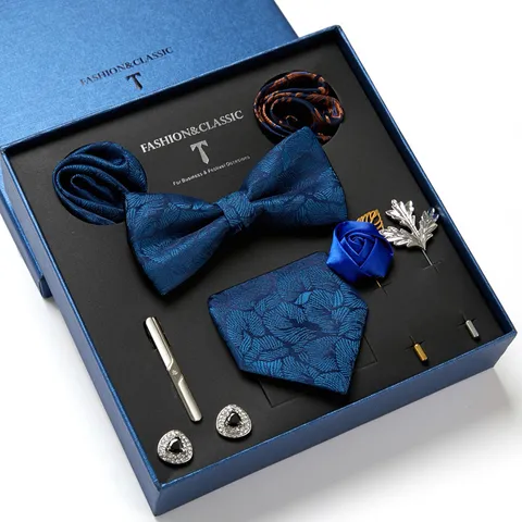 Mannen Zakelijk Huwelijk Formele Stropdas Set Bloemen Jacquard Pijl Stropdas Pochet Manchetknopen Broche Geschenkdoos
