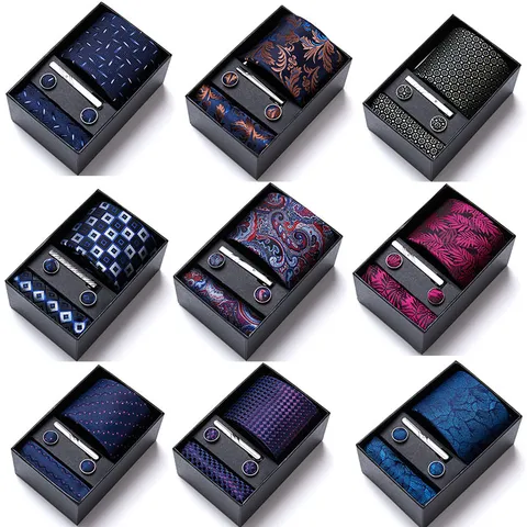 Men's Business Tie Set Jacquard Silk Tie Pocket Square Cufflinks Tie Clip Gift Box Formal Wedding Party Suit Neckwear