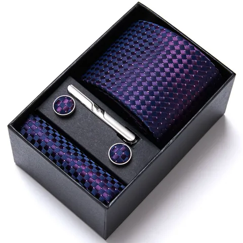 Men's Business Tie Set Jacquard Silk Tie Pocket Square Cufflinks Tie Clip Gift Box Formal Wedding Party Suit Neckwear