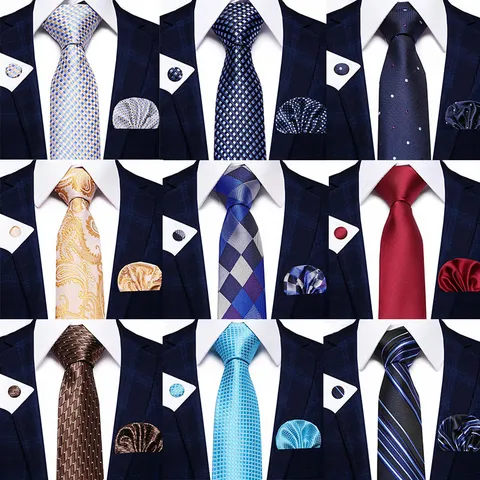 Men Business Formal Rayon Printed Necktie Set With Pocket Square And Cufflinks For Wedding Party