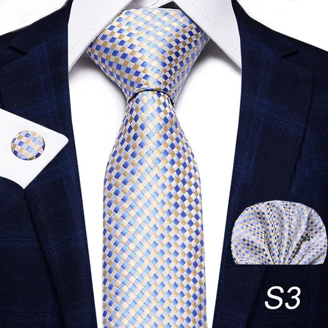 Men Business Formal Rayon Printed Necktie Set With Pocket Square And Cufflinks For Wedding Party