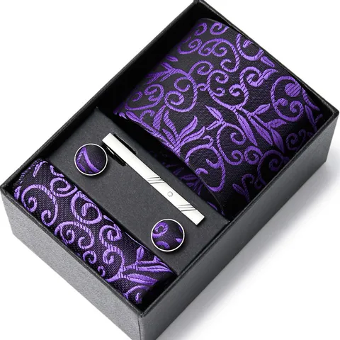 Men Business Tie Set Rayon Jacquard Necktie Pocket Square Cufflinks Tie Clip Gift Box