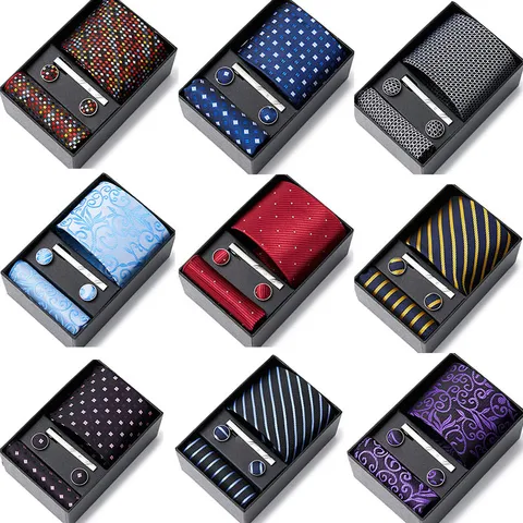 Men Business Tie Set Rayon Jacquard Necktie Pocket Square Cufflinks Tie Clip Gift Box