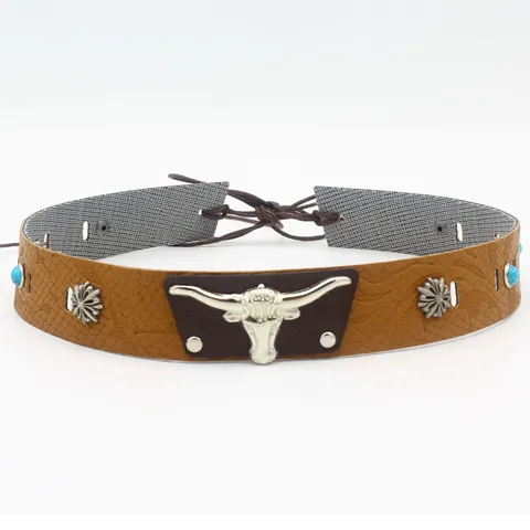 Vintage Western Cowboy Leather Hat Band Fedora Hat Strap Accessories Metal Rivet Bull Head Turquoise Boho Hat Decoration