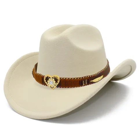 Damen Western Cowboy Hut Einofarbiger Breiter Krempe Filzhut Mit Strass Herz Schnalle Mode Reiten Outdoor Kappe