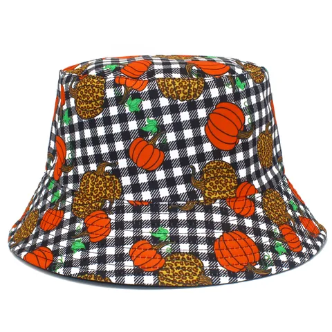 Halloween Pumpkin Black And White Plaid Fisherman Hat Unisex Outdoor Party Bucket Hat Casual Sun Protection Panama Hat