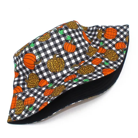 Halloween Pumpkin Black And White Plaid Fisherman Hat Unisex Outdoor Party Bucket Hat Casual Sun Protection Panama Hat